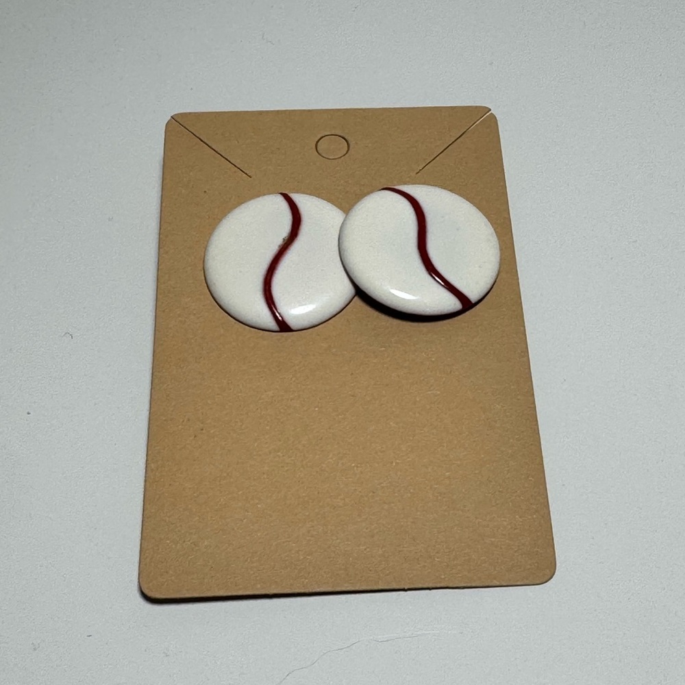 Vintage‎ 80s Metal Button Earrings White Enamel Red Wavy Line Retro Studs Large